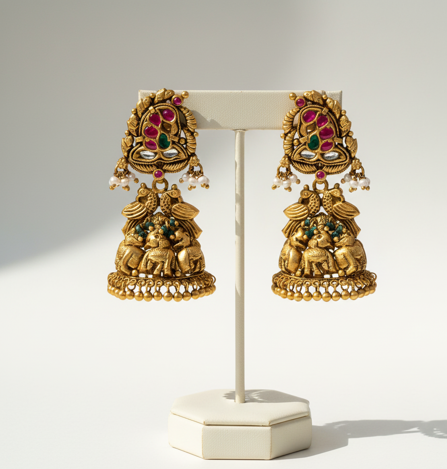 gold nakkshi kundan jhumki