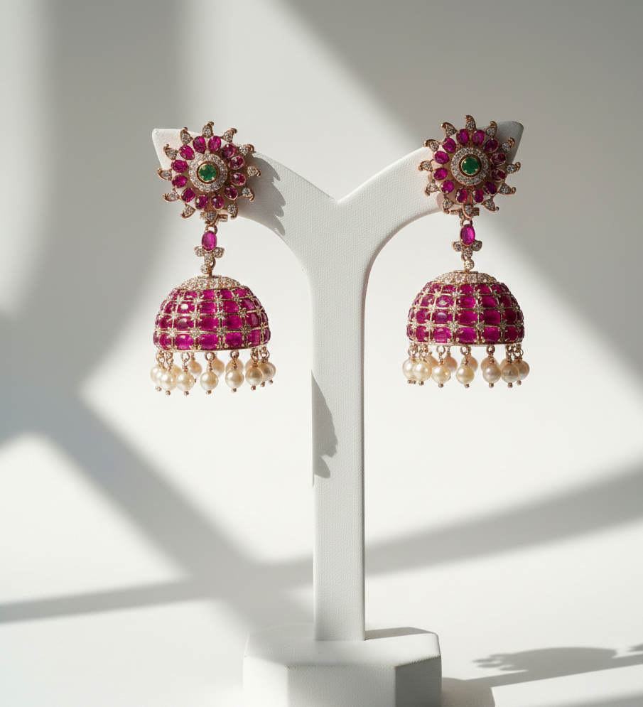 pink tops and jadau jhumki