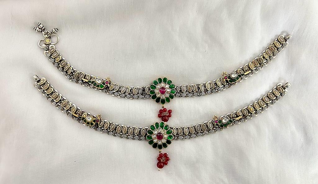 jadau stone silver payal