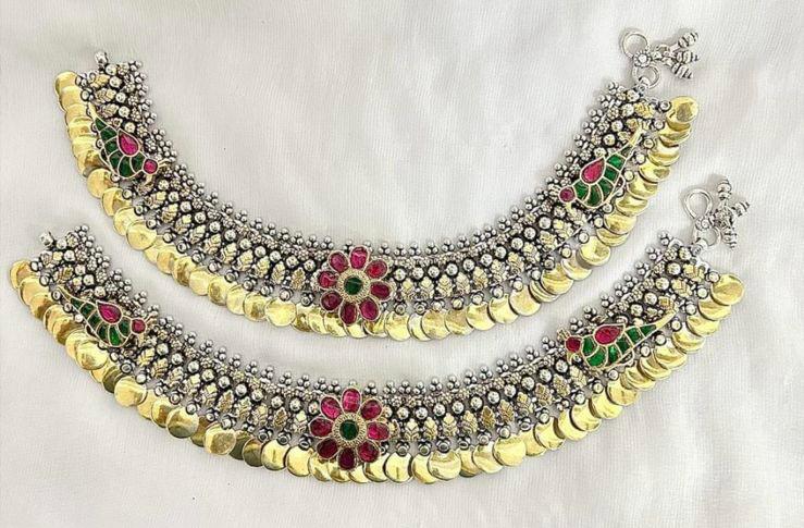 jadau stone silver payal