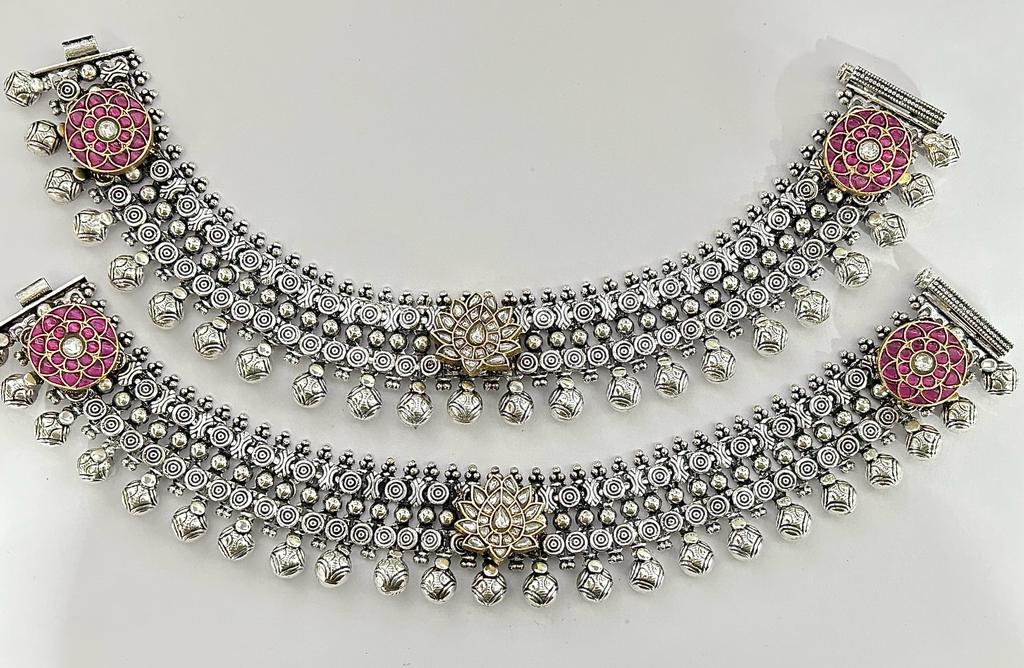 jadau stone silver payal