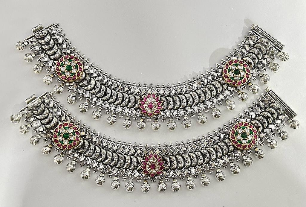 jadau stone silver payal